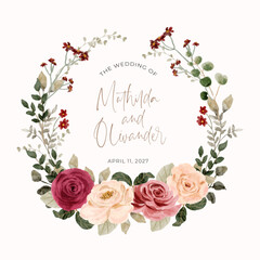 red pink peach floral watercolor wreath