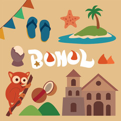Bohol, Philippines Icons Vector Set - Beaches, Chocolate Hills, Tarsier, Kalamay, Asin-Tibook and Fiesta Elements