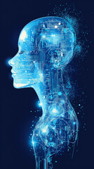 Digital Mindscape: A mesmerizing image of a digital woman merges the human form with advanced technology, portraying the fusion of mind and the digital world. 