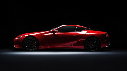 Modern red sports car in a spotlight on a black background