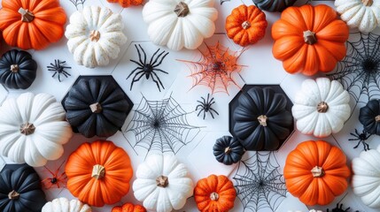 A colorful arrangement of pumpkins in various colors and sizes, decorated with spider webs and spiders, perfect for Halloween aesthetics.