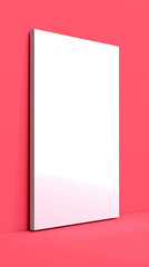 Blank Canvas Mockup Against Coral Wall: A pristine white blank canvas stands elegantly against a vibrant coral wall, ready for your design or artwork. The image offers a clean and modern aesthetic.