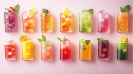 A vibrant assortment of colorful drinks, each garnished with fresh ingredients, set against a soft pink background, perfect for summer refreshment.