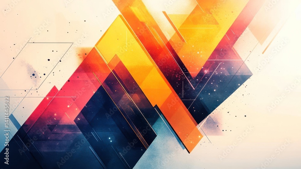 Poster an abstract geometric design featuring vibrant colors, sharp angles, and layered shapes, creating a 