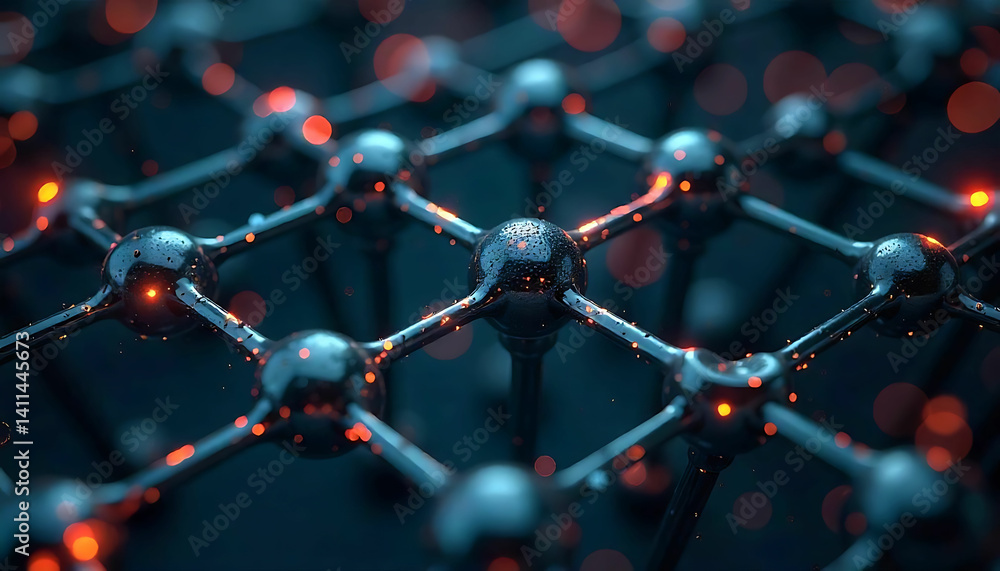 Poster close up of a dark metallic structure with glowing red particles connecting the nodes together