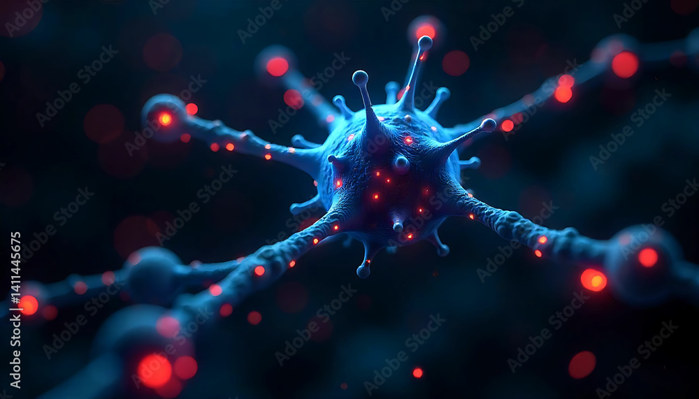 Poster close up view of a blue virus cell with red spots and dark background in a microscopic view