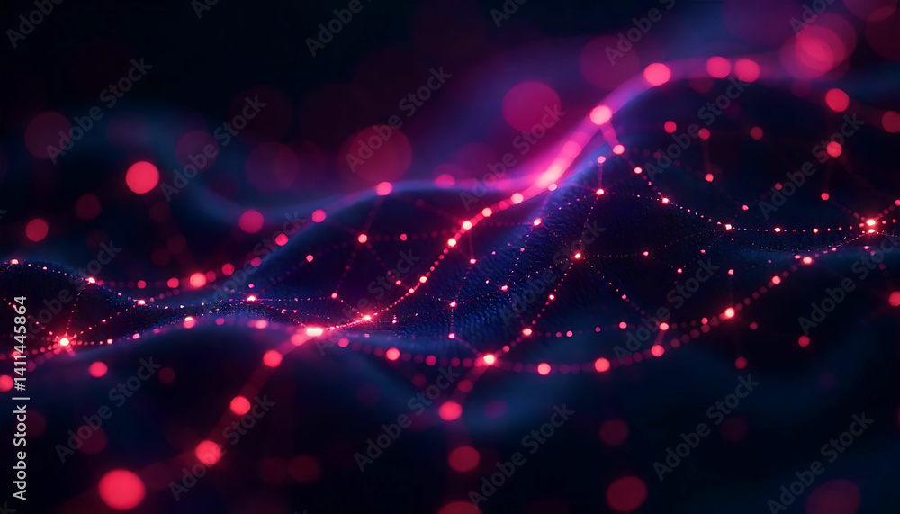 Aufkleber abstract glowing network with red dots and blue waves on a dark background for technology concept