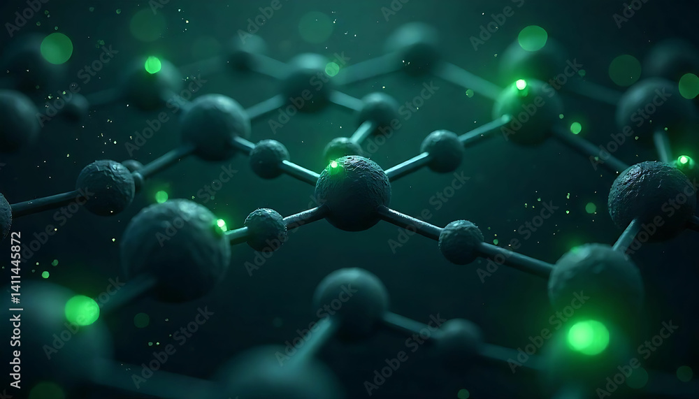 Poster a close up view of a dark molecular structure with green highlights and floating particles around it