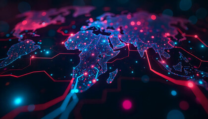 A glowing world map with red and blue lights highlighting continents and network connections shown