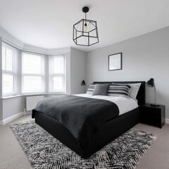 Modern double divan bed in a bright bedroom with neutral walls and plenty of room for movement - clean treatment decor relaxation