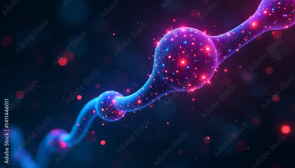 Poster illuminated nerve cell structure with pink and blue lights in a dark abstract background view