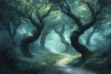 Misty forest path with gnarled trees and lush green undergrowth is shown. Ideal for fantasy novels, magical realms, or fairytale project.