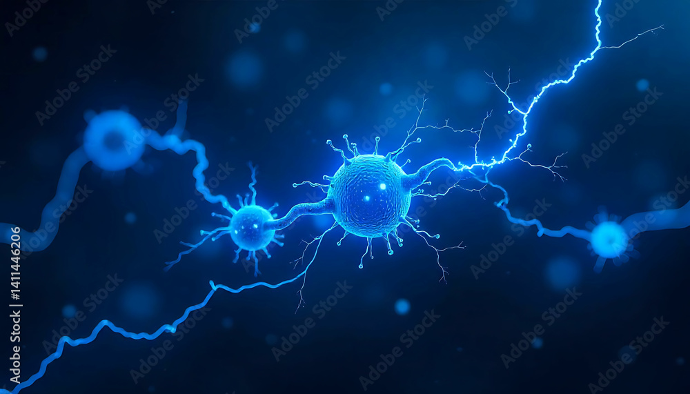 Poster a depiction of nerve cells connected and transmitting signals in a blue illuminated environment