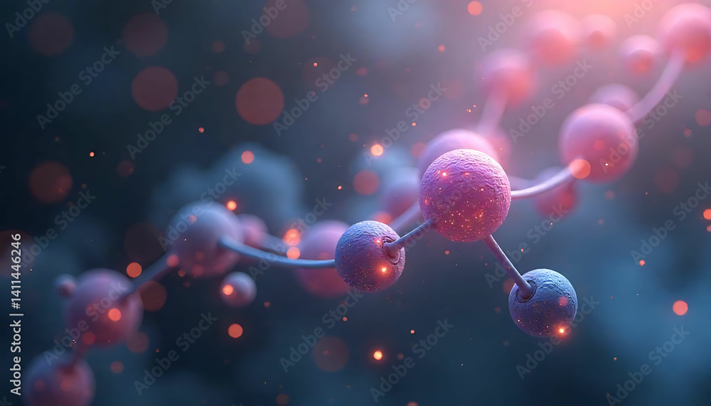 Poster close up view of a molecular structure with pink and blue spheres and connecting lines on dark backg