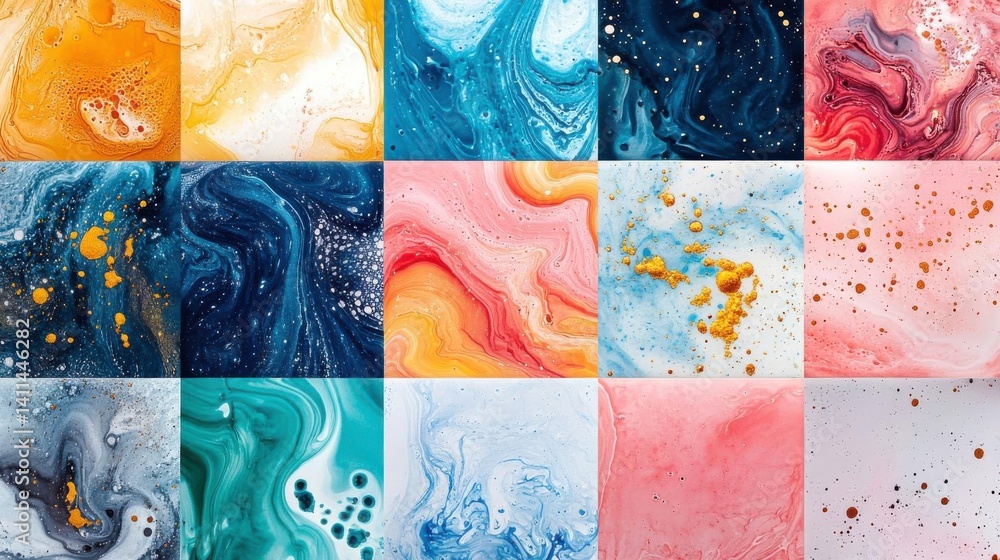 Poster a vibrant collage of abstract swirls and patterns in various colors, showcasing fluid art with dynam