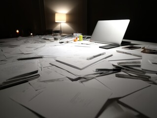 Papers spread across a table, pens, and highlighters near a laptop, showing intense negotiations - brainstorming strategy analyzing professional