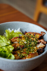 Thai chicken dish, captured on April 16, 2025. Flavorful and aromatic, made with tender chicken, herbs, and spices, offering a bold and savory taste of Thai cuisine