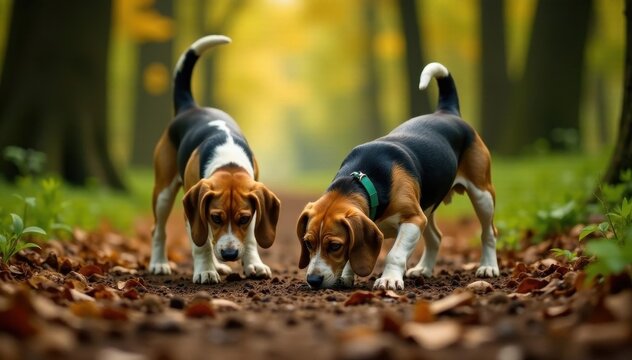 Pair of beagles sniffing ground in dense woodland , trees, woods, undergrowth