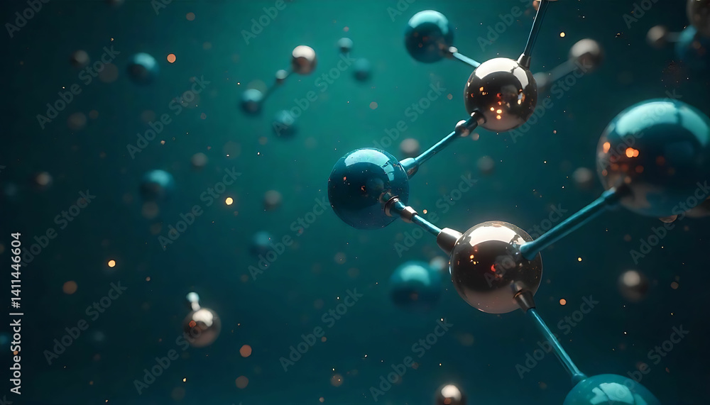 Poster a close up view of a molecule structure with blue and gold spheres on a teal background bokeh effect