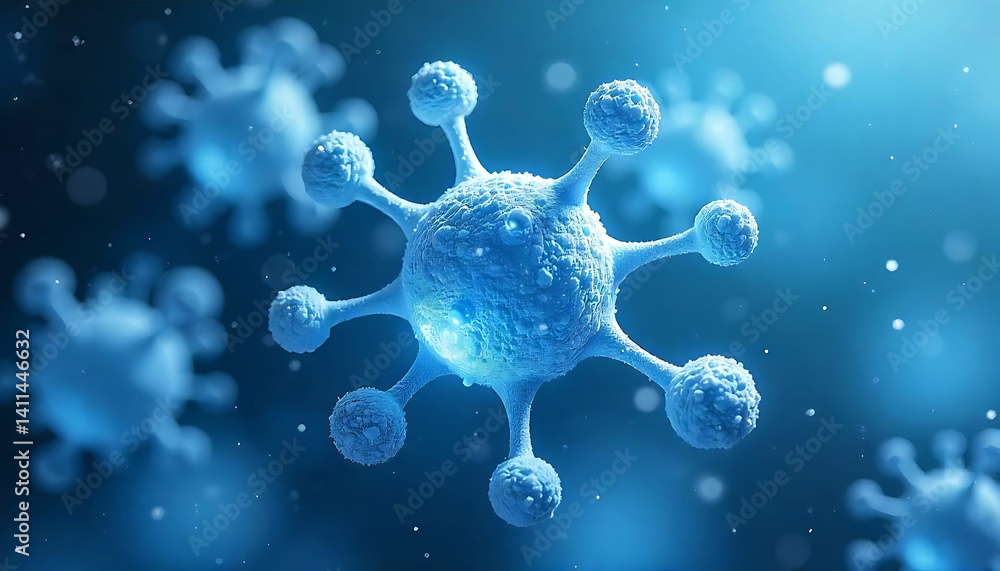 Poster a close up view of several blue viruses with spherical protrusions on a blue gradient background