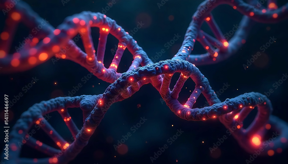 Poster close up of a dna strand with red glowing points on a dark blue and black gradient background