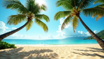 Tall coconut palms casting shadows on golden sand, Hawaiian beach , idyllic, waves, sand