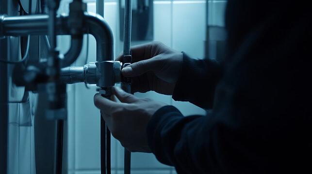 A plumber fixing a leaking pipe. Featuring problem-solving and precision