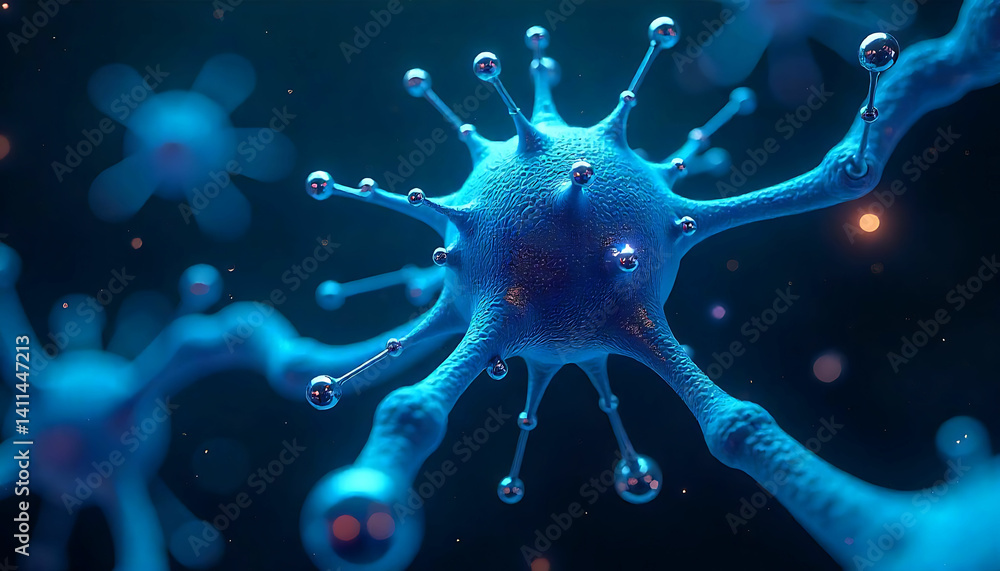 Poster close up of blue neuron cells with silver tips against a dark background with bokeh effect