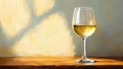 Glass of White Wine in Sunlight on Wooden Table