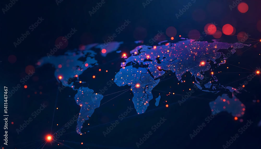 Poster a world map with glowing dots and lines on a dark blue background representing global connectivity