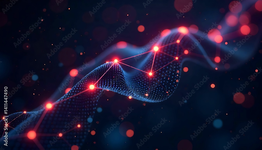 Poster abstract digital network with red nodes and blue wave on a dark background in a futuristic style