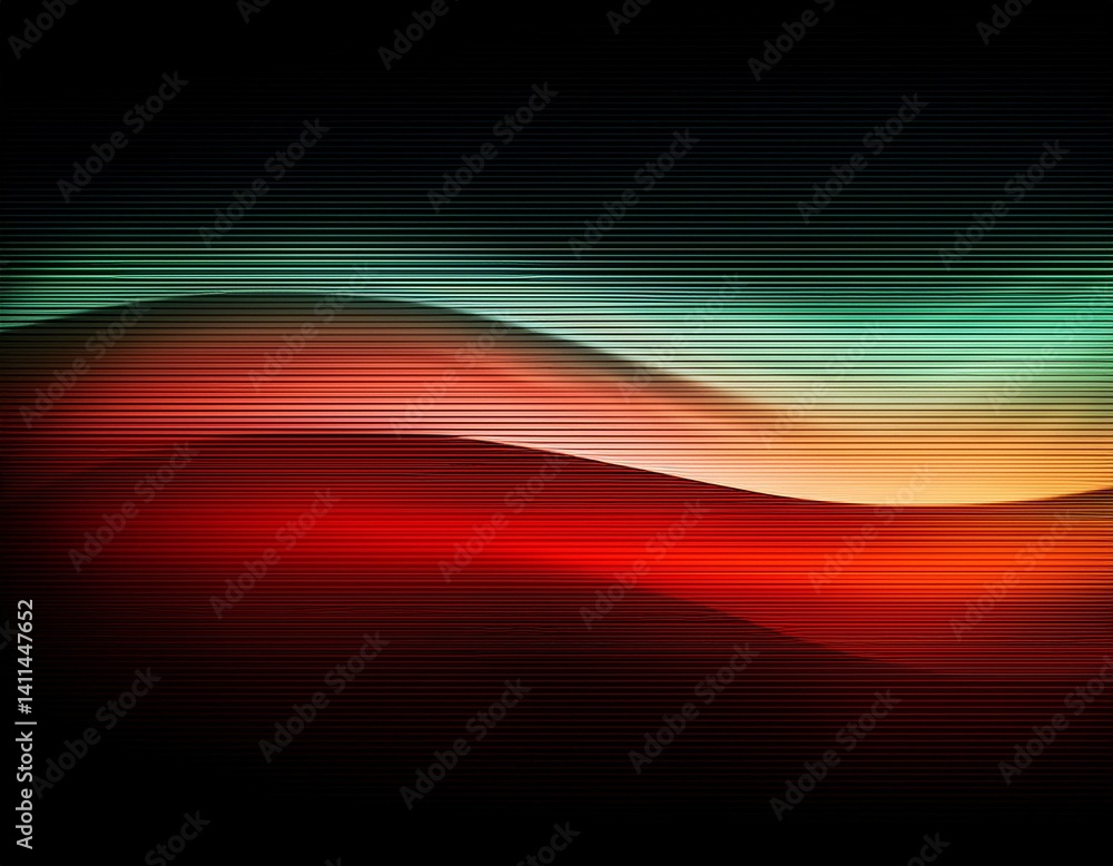 Poster dynamic abstract art with horizontal flows of red, orange, white, and green, suggesting movement and