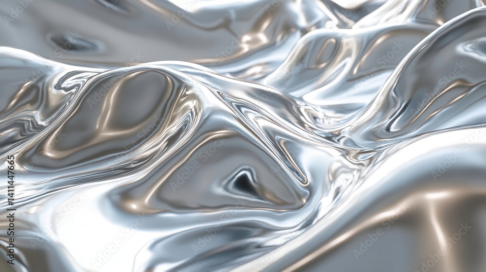 Poster a shimmering, abstract surface with flowing metallic waves reflecting light, creating a dynamic and 