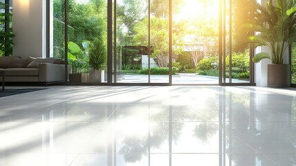 Fototapeta premium Modern home interior with a sunlit garden view