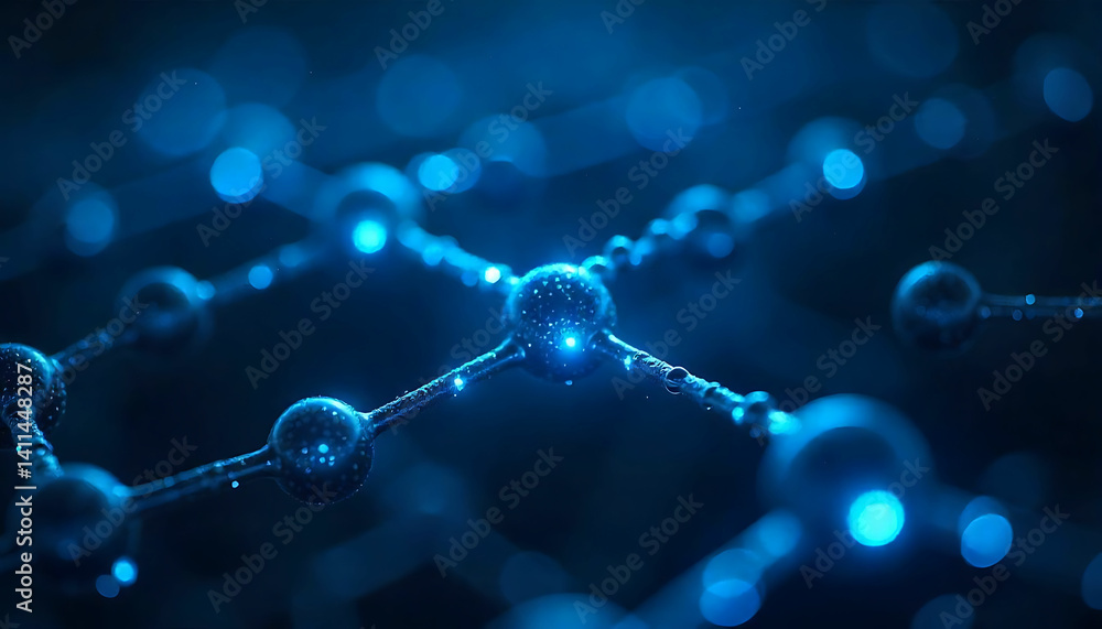 Poster a close up view of a blue molecular structure with connecting nodes and bright glowing light points