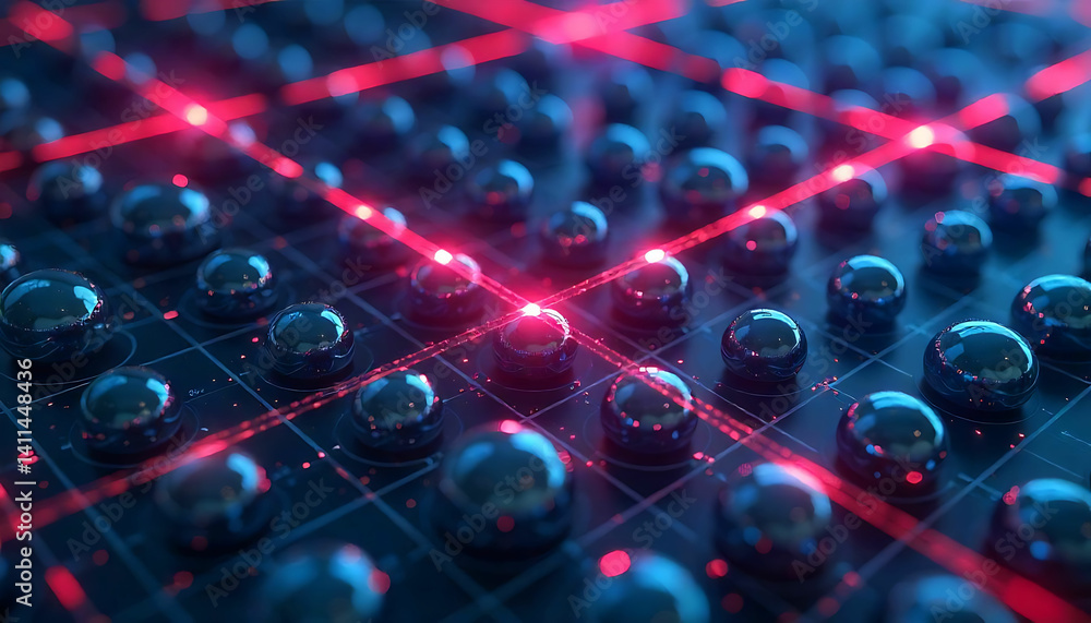 Poster a grid of dark spheres illuminated by red laser beams creating a futuristic technology display