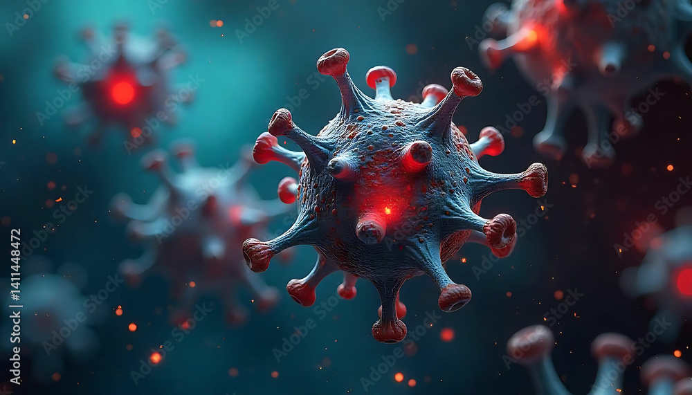Poster close up view of multiple coronavirus cells with red centers floating in a dark blue space