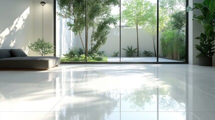 Fototapeta premium Modern interior with a garden view. Spacious, bright, and minimalist