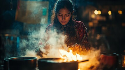 A young girl cooks with passion in a vibrant kitchen. The flames dance amid the steam. Her determination shows the art of cooking. Generative AI