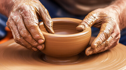 A potter shaping clay on a spinning wheel. Featuring steady hands and creativity