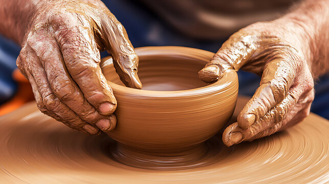 A potter shaping clay on a spinning wheel. Featuring steady hands and creativity