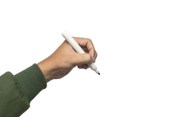 male hand holding whiteboard marker isolated on white background