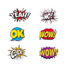 Comics Speech Bubble Icons Set – Expressions: Yeah, Wow, OK, Now, No, Click
