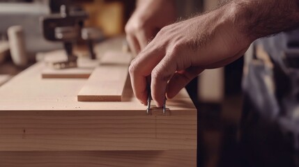 Carpenter assembling wooden shelf. Indoor workshop