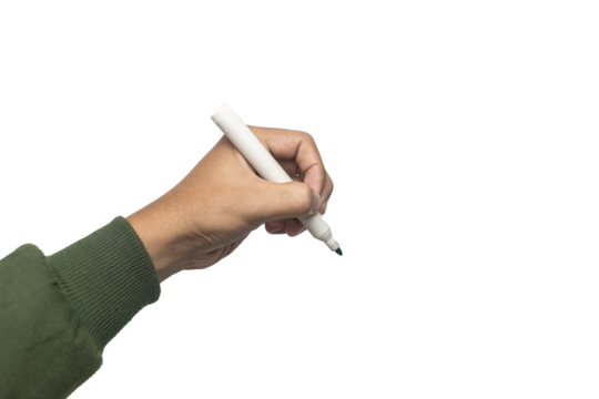 male hand holding whiteboard marker isolated on white background - Powered by Adobe