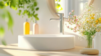 Fresh and airy bathroom sink scene with floral styling and natural brightness