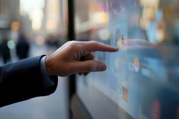 Business professional interacting with a touchscreen display in a busy urban setting