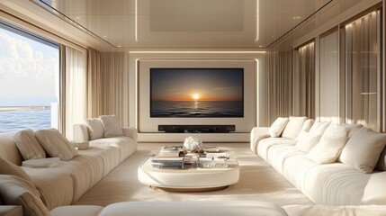 Luxury Yacht Interior Living Room with Ocean Sunset View