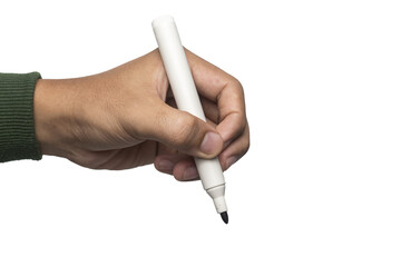 male hand holding whiteboard marker isolated on white background
