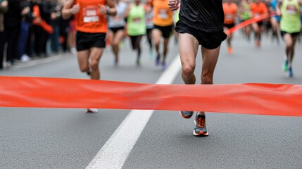 A dynamic running scene captures athletes racing towards the finish line, with the orange ribbon symbolizing the end of the competition.